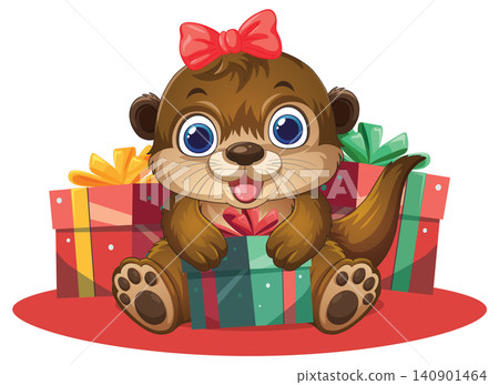 Cute Cartoon Otter Character Sitting with Colorful Wrapped Gift Boxes Cute Cartoon Otter Character Sitting with Colorful Wrapped Gift Boxes 140901464