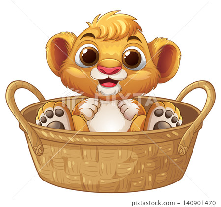Cute Cartoon Baby Lion Cub Sitting Inside a Wicker Basket Cute Cartoon Baby Lion Cub Sitting Inside a Wicker Basket 140901470
