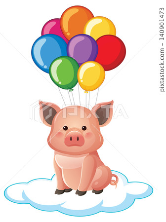 Cute Cartoon Pig Floating on Cloud with Colorful Helium Balloons Cute Cartoon Pig Floating on Cloud with Colorful Helium Balloons 140901473