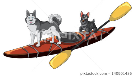 Siberian Husky and Scottish Terrier Standing on a Red Kayak Siberian Husky and Scottish Terrier Standing on a Red Kayak 140901486