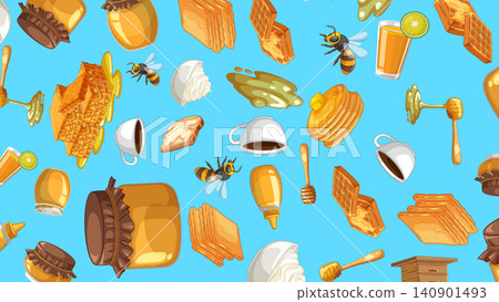 Seamless Vector Pattern of Honey Breakfast Food and Flying Bees Seamless Vector Pattern of Honey Breakfast Food and Flying Bees 140901493