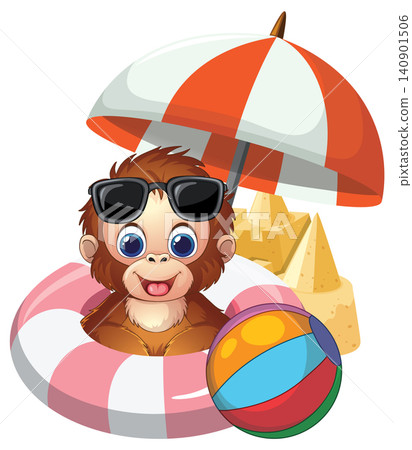 Cute Cartoon Orangutan Character with Beach Accessories and Summer Vacation Elements Cute Cartoon Orangutan Character with Beach Accessories and Summer Vacation Elements 140901506