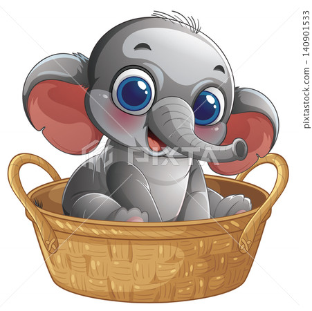 Cute Cartoon Baby Elephant Sitting Inside a Woven Wicker Basket 140901533