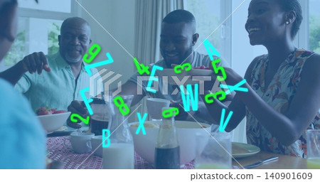 Passing dishes family sharing meal at home dining room, with white serving bowl and teal overlay Passing dishes family sharing meal at home dining room, with white serving bowl and teal overlay 140901609