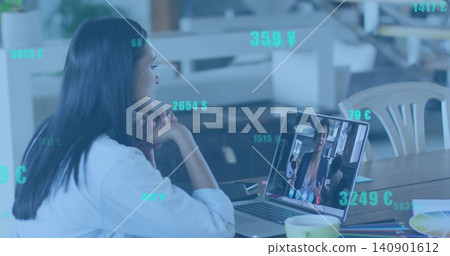 Sitting woman in white shirt watching laptop at coworking with swatches, teal overlays, copy space Sitting woman in white shirt watching laptop at coworking with swatches, teal overlays, copy space 140901612