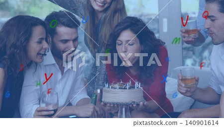 Blowing out candles, woman in red sweater holding birthday cake in home living room, with glasses Blowing out candles, woman in red sweater holding birthday cake in home living room, with glasses 140901614