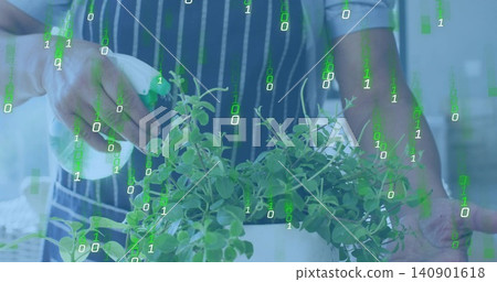 Holding spray bottle, woman misting herb in kitchen wearing striped apron with green binary code Holding spray bottle, woman misting herb in kitchen wearing striped apron with green binary code 140901618