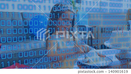 Sitting girl in white top, patterned headband, typing on laptop at home with blue binary overlay Sitting girl in white top, patterned headband, typing on laptop at home with blue binary overlay 140901619