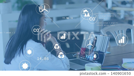 Sitting woman long-sleeve presenting eco on laptop at desk with mug, swatches, overlays, copy space Sitting woman long-sleeve presenting eco on laptop at desk with mug, swatches, overlays, copy space 140901650