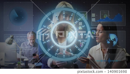 Holding smartphone, central woman wearing navy blazer and white top reviewing AR HUD at office Holding smartphone, central woman wearing navy blazer and white top reviewing AR HUD at office 140901698