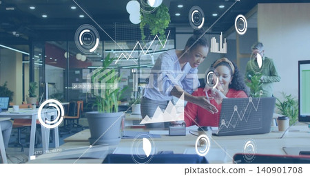 Pointing lead in striped blouse guiding colleague in red sweater at open-plan desk with laptop, HUD Pointing lead in striped blouse guiding colleague in red sweater at open-plan desk with laptop, HUD 140901708