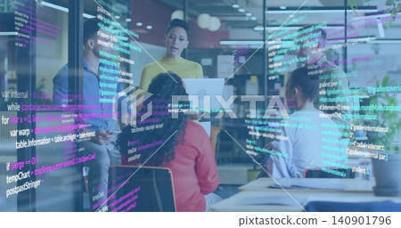 Standing woman in yellow top holding laptop and presenting to team in office, showing AR code Standing woman in yellow top holding laptop and presenting to team in office, showing AR code 140901796