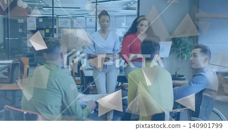 Presenting two women in business attire, leading meeting in conference room, with tablet and papers Presenting two women in business attire, leading meeting in conference room, with tablet and papers 140901799
