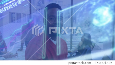 Smiling man in red sweater and white shirt facing camera in conference room, with AR graphs Smiling man in red sweater and white shirt facing camera in conference room, with AR graphs 140901826