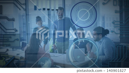 Discussing 5-person team pointing to laptop, green bottle in office wearing business wear with HUD Discussing 5-person team pointing to laptop, green bottle in office wearing business wear with HUD 140901827