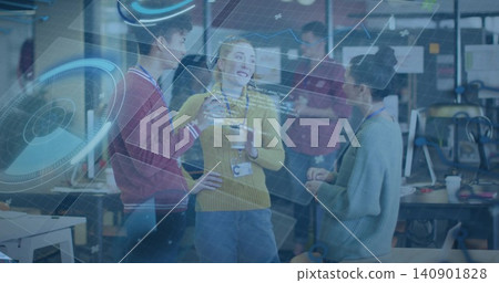 Talking woman in yellow sweater wearing lanyard holding coffee cup at tech hub with AR overlay 140901828
