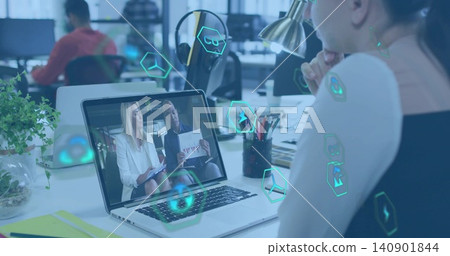 Watching woman in sleeveless top viewing hosts on laptop at office, with hex overlays, copy space Watching woman in sleeveless top viewing hosts on laptop at office, with hex overlays, copy space 140901844