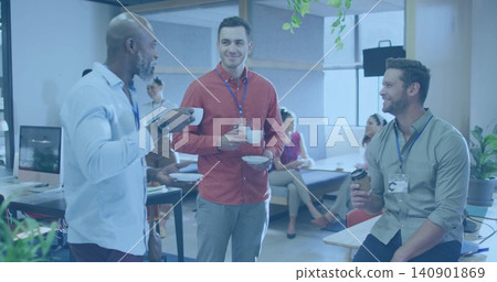 Chatting three men wearing shirts holding coffee cups and travel mug in open office with lanyards Chatting three men wearing shirts holding coffee cups and travel mug in open office with lanyards 140901869