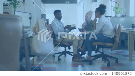 Showing notebook and tablet, 3 colleagues in business dress sitting in swivel seats in open office Showing notebook and tablet, 3 colleagues in business dress sitting in swivel seats in open office 140901873