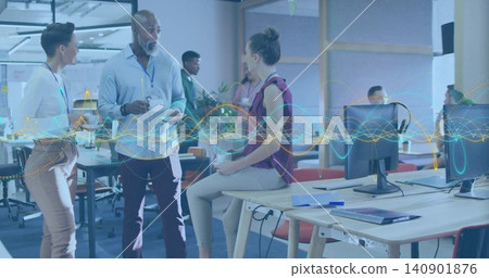 Discussing three team members in business casual sharing ideas at office, showing waveform overlay Discussing three team members in business casual sharing ideas at office, showing waveform overlay 140901876