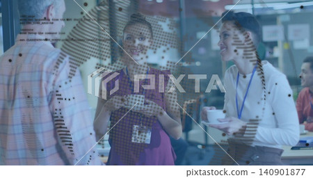 Chatting woman wearing purple sleeveless top holding cup and lanyard by glass partition in office Chatting woman wearing purple sleeveless top holding cup and lanyard by glass partition in office 140901877
