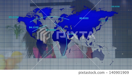 Displaying blue map overlay with data arcs across home, showing child, pink top, backpack straps Displaying blue map overlay with data arcs across home, showing child, pink top, backpack straps 140901909