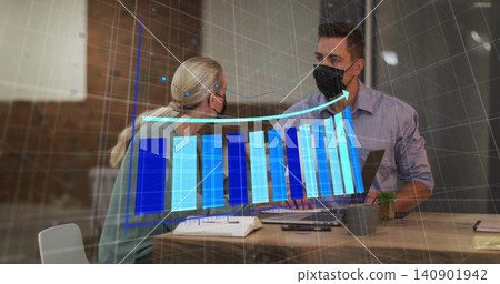 Masked colleagues wearing light shirt, sweater discussing AR bar chart at office table with laptop Masked colleagues wearing light shirt, sweater discussing AR bar chart at office table with laptop 140901942