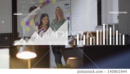 Placing three people wearing office attire arranging sticky notes on glass in office, data overlays Placing three people wearing office attire arranging sticky notes on glass in office, data overlays 140901944