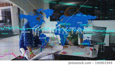 Leaning coworkers in blue blazer and green top examining plans, notes, phone with world-map overlay 140901949