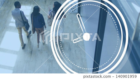 Three colleagues in blazers walking and talking in lobby, clock overlay, carrying bags, copy space Three colleagues in blazers walking and talking in lobby, clock overlay, carrying bags, copy space 140901959