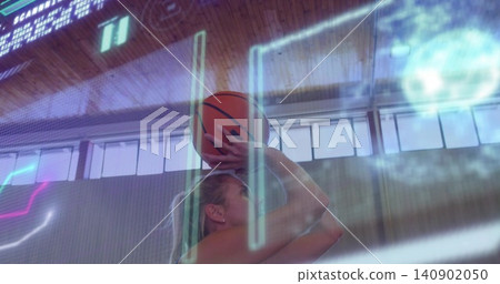 Holding basketball, female player preparing to shoot in gym, wearing tank top and neon AR overlays Holding basketball, female player preparing to shoot in gym, wearing tank top and neon AR overlays 140902050