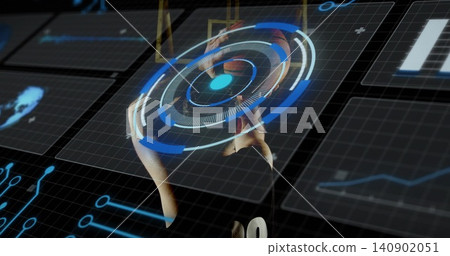 Interacting male athlete manipulating blue holographic HUD in studio with data panels, jersey 30 Interacting male athlete manipulating blue holographic HUD in studio with data panels, jersey 30 140902051