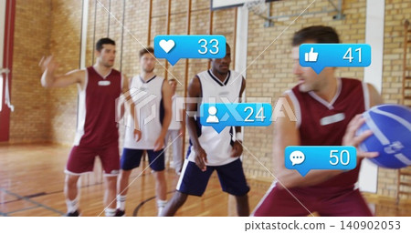 Holding bluewhite basketball, maroon jersey player preparing pass in gym with bubbles, copy space 140902053