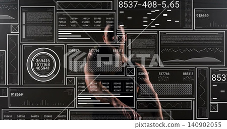 Scanning shirtless male reflection studying transparent dashboards in dim room, showing line plots 140902055