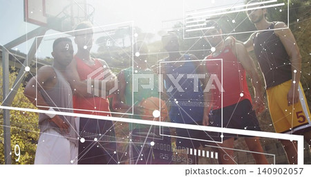 Posing six players wearing jerseys on outdoor court holding orange basketball, hoop and AR overlays Posing six players wearing jerseys on outdoor court holding orange basketball, hoop and AR overlays 140902057