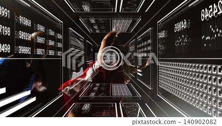 Reaching man in red-and-white jacket with hood manipulating circular HUD reticle in data corridor Reaching man in red-and-white jacket with hood manipulating circular HUD reticle in data corridor 140902082