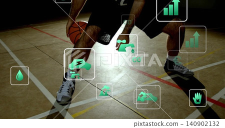 Dribbling player in shorts and sneakers holding low stance on hardwood court with ball AR overlays Dribbling player in shorts and sneakers holding low stance on hardwood court with ball AR overlays 140902132