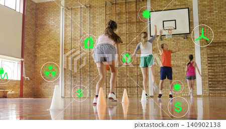 Running athletes in sportswear, sneakers practicing drill in gym, cones and hoop, green icons Running athletes in sportswear, sneakers practicing drill in gym, cones and hoop, green icons 140902138
