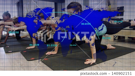 Balancing 7 women doing bird-dog on black mats in studio, wearing sportswear under blue world map Balancing 7 women doing bird-dog on black mats in studio, wearing sportswear under blue world map 140902151