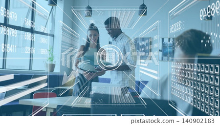 Reviewing standing pair in checked shirt and striped dress at office, tablet laptop AR overlays Reviewing standing pair in checked shirt and striped dress at office, tablet laptop AR overlays 140902183