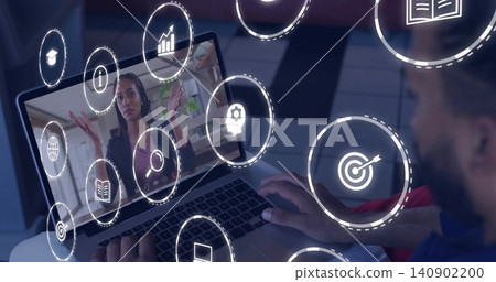 Watching man using laptop trackpad at home, viewing woman in dark-blazer on screen with AR overlay Watching man using laptop trackpad at home, viewing woman in dark-blazer on screen with AR overlay 140902200