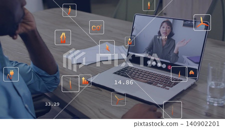 Displaying laptop showing remote peer near man in shirt with papers glass data overlays Displaying laptop showing remote peer near man in shirt with papers glass data overlays 140902201