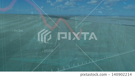 Stretching runway with HUD overlay at open airstrip, showing teal grid and red trend line Stretching runway with HUD overlay at open airstrip, showing teal grid and red trend line 140902214