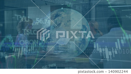 Overlaying globe and market charts over meeting room, colleagues in suits using laptops Overlaying globe and market charts over meeting room, colleagues in suits using laptops 140902244
