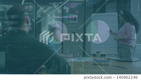 Presenting woman holding marker pointing at flip chart in conference room, wearing light top Presenting woman holding marker pointing at flip chart in conference room, wearing light top 140902246
