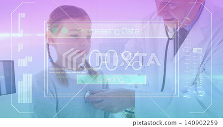 Listening doctor wearing lab coat placing stethoscope on child chest in clinic, monitor HUD overlay Listening doctor wearing lab coat placing stethoscope on child chest in clinic, monitor HUD overlay 140902259