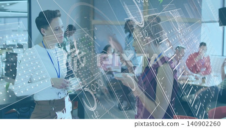 Discussing two presenters standing and talking in modern conference room, HUD overlay, lanyards Discussing two presenters standing and talking in modern conference room, HUD overlay, lanyards 140902260