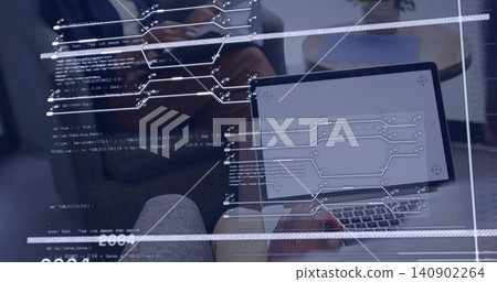 Typing woman using laptop trackpad on lap in lounge, with code overlay and blazer reflection Typing woman using laptop trackpad on lap in lounge, with code overlay and blazer reflection 140902264