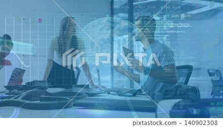 Discussing five colleagues reviewing drone frames on tablets in meeting room, in business casual Discussing five colleagues reviewing drone frames on tablets in meeting room, in business casual 140902308