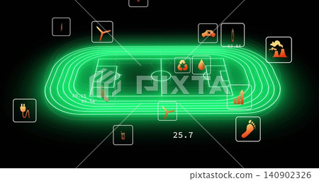 Displaying neon-green oval running track enclosing soccer pitch on dark dashboard, with eco icons Displaying neon-green oval running track enclosing soccer pitch on dark dashboard, with eco icons 140902326